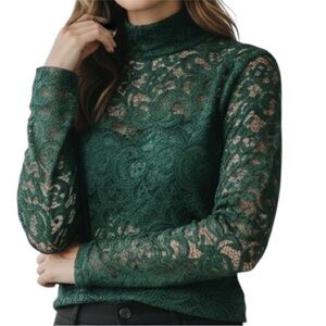 NWOT White House Black Market Mock Neck Black Lace Top, back half zip S Medium